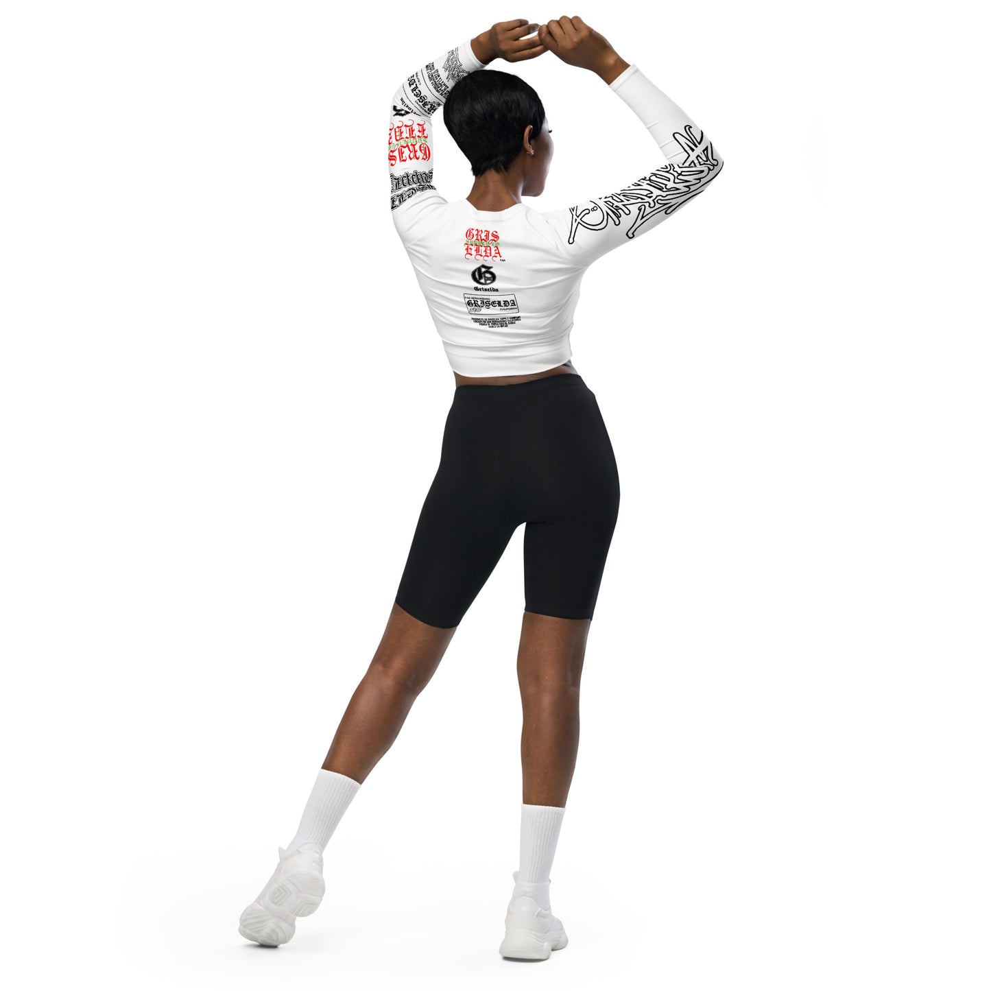 Camiseta recortada de manga larga reciclada con estilo de mano y logo clásico GSC