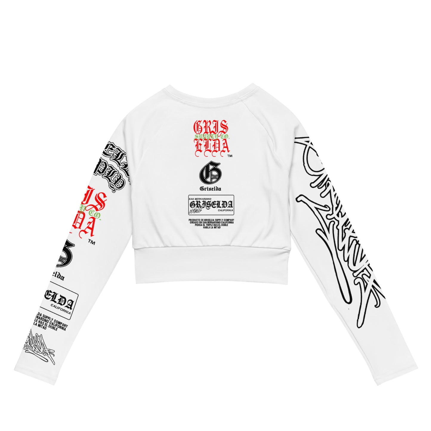 Camiseta recortada de manga larga reciclada con estilo de mano y logo clásico GSC