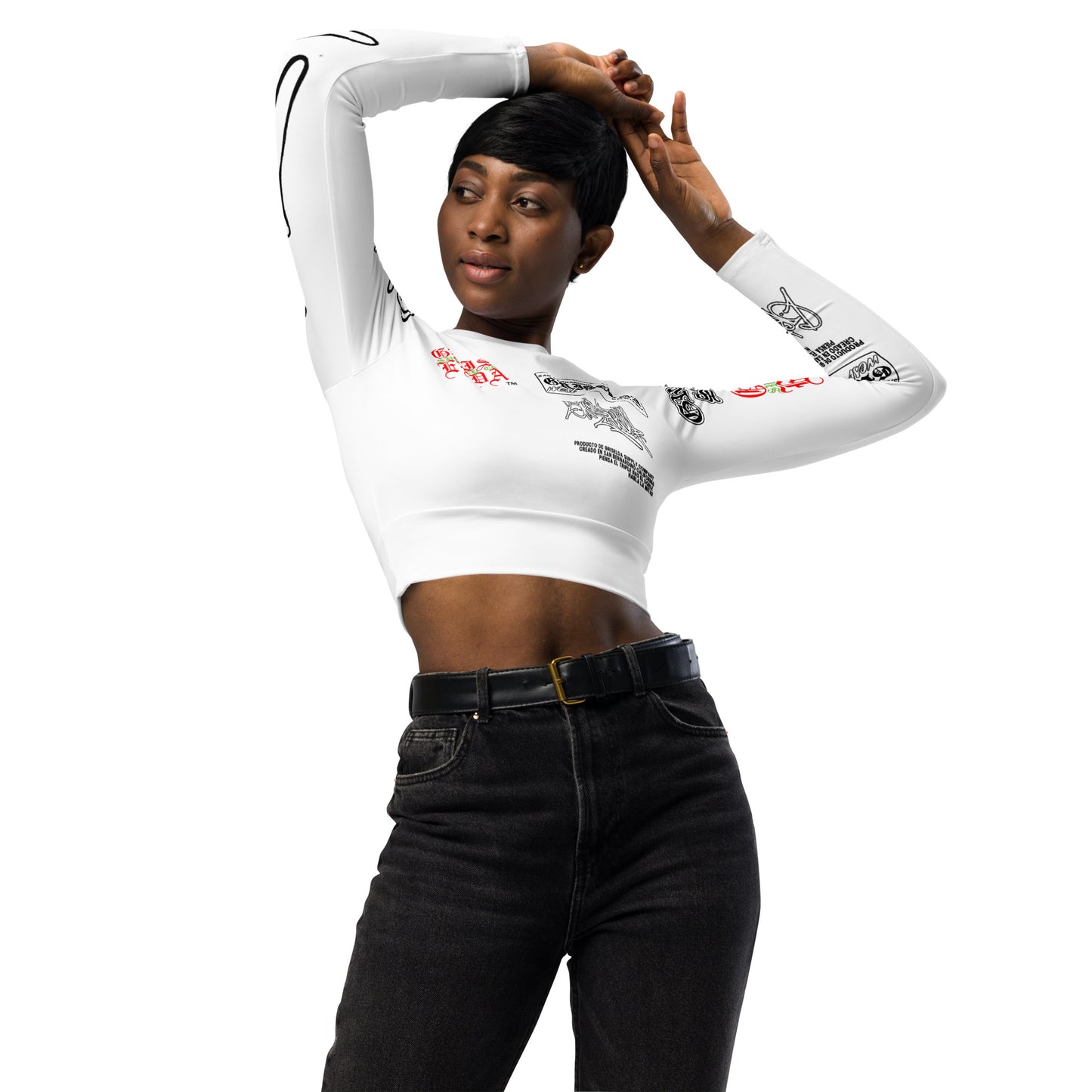 Camiseta recortada de manga larga reciclada con estilo de mano y logo clásico GSC