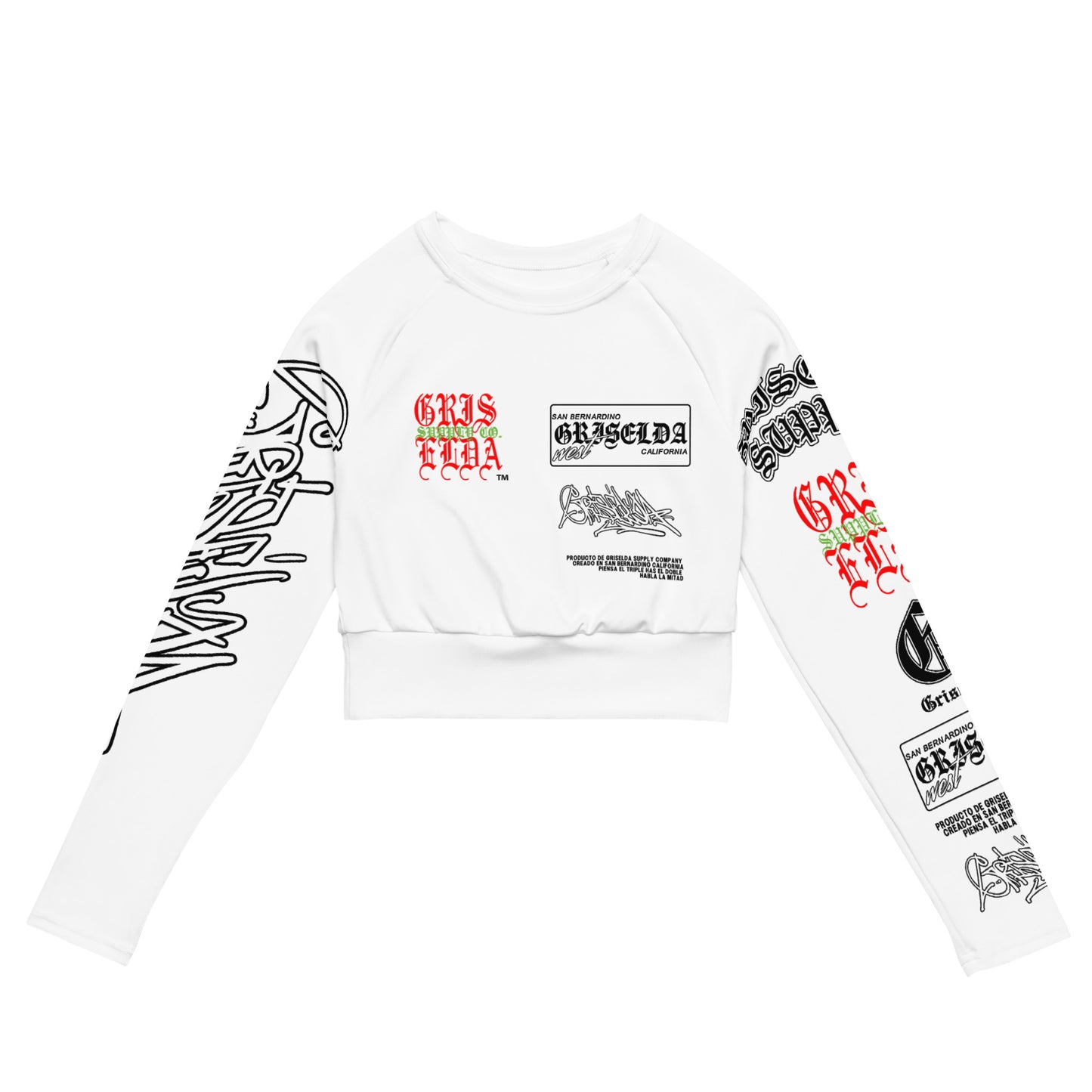 Camiseta recortada de manga larga reciclada con estilo de mano y logo clásico GSC