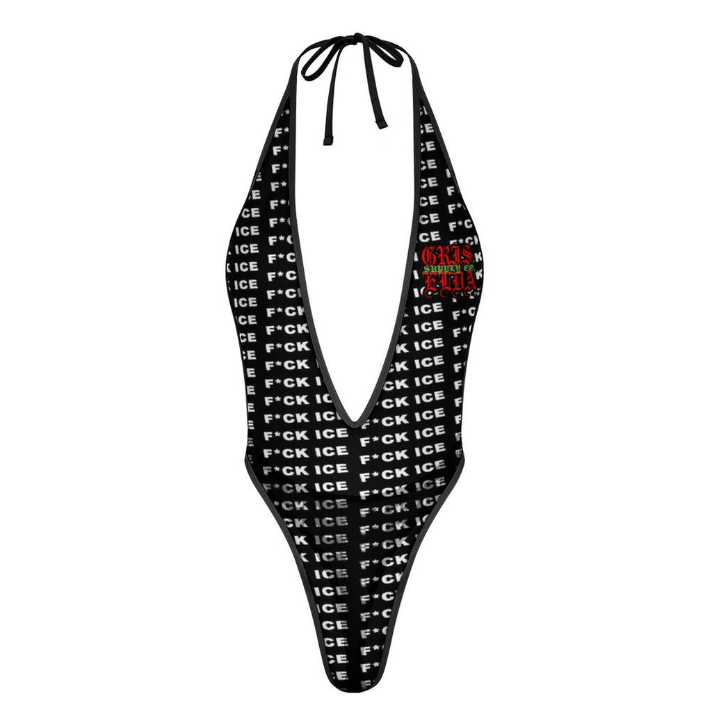 Fuck Ice Black GSC One Piece Women Lingerie Bodysuit Deep V Teddy