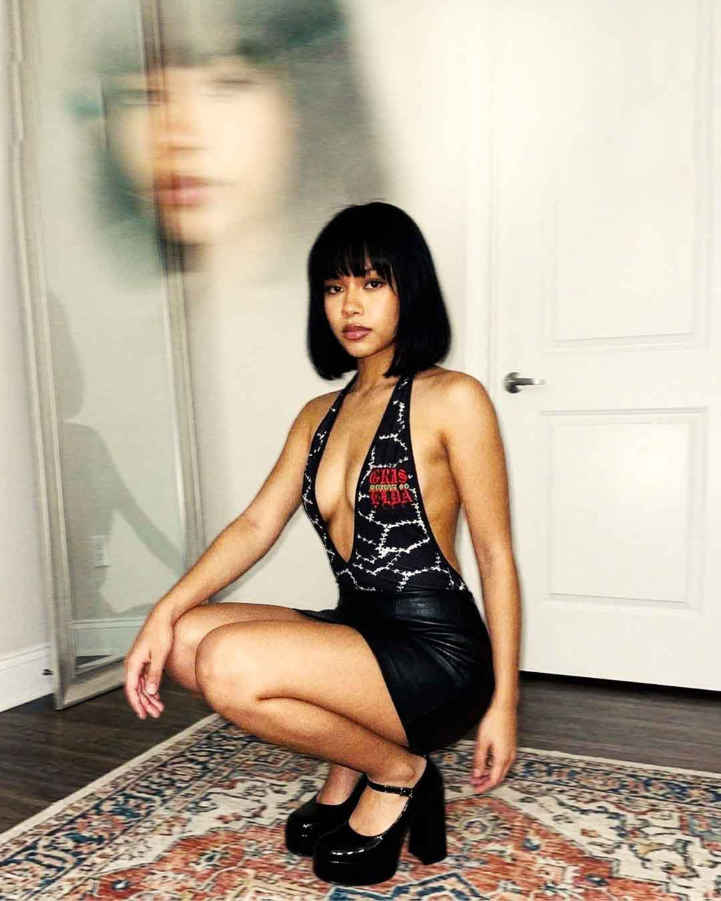 Black Stitches GSC One Piece Women Lingerie Bodysuit Deep V Teddy